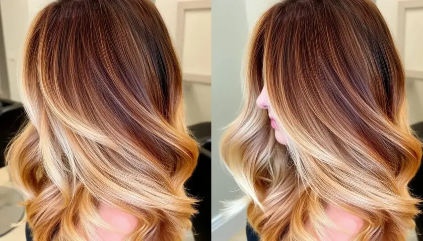 Vackert balayage ljust hår med varma toner som övergår från mörkare brunt till blonda slingor.