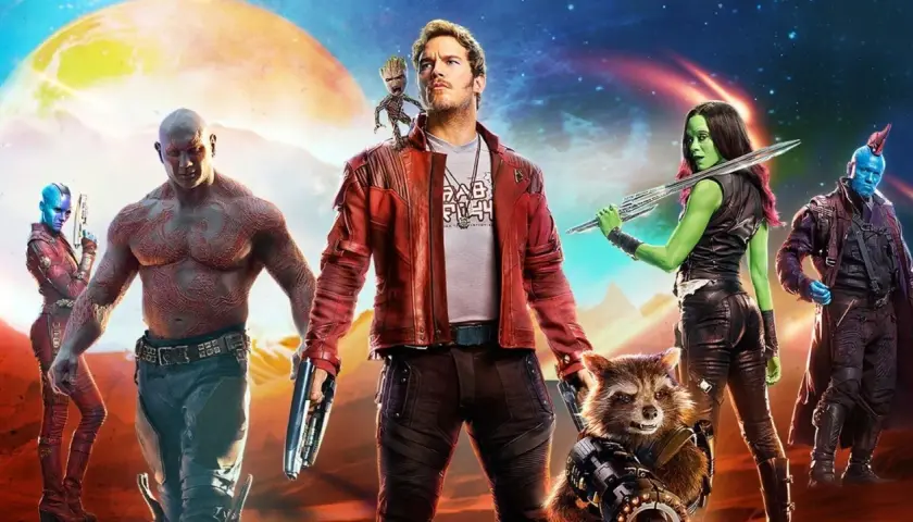 Strażnicy Galaktyki obsada: Star-Lord, Gamora, Drax, Rocket, Groot i Nebula gotowi do akcji.