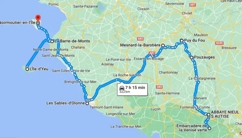 Itinéraire en camping-car en Vendée : de Noirmoutier à l'Abbaye de Nieul-sur-l'Autise, en passant par l'Île d'Yeu et le Puy du Fou. 322 km, 7h15.