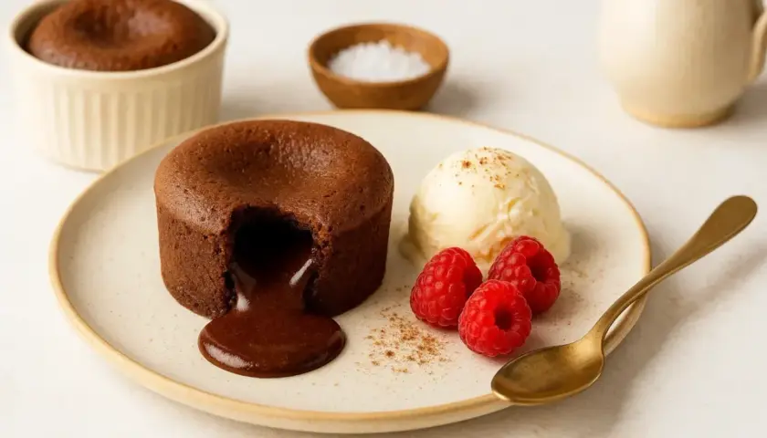 Un fondant au chocolat coulant, servi avec une boule de glace vanille, des framboises et une cuillère dorée. Un délice !