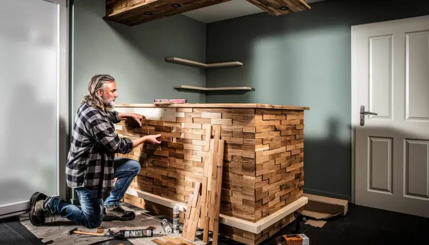 Mann baut mit Holzstücken eine einzigartige Bar. Heimwerken: bar selber bauen mit Stil.