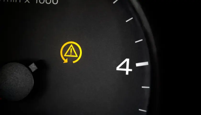 Żółty symbol ostrzegawczy na desce rozdzielczej: wykrzyknik w trójkącie i strzałka. To kontrola trakcji co to, gdy się świeci, warto sprawdzić auto.