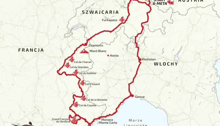 Mapa trasy motocyklowej przez Alpy, obejmująca Francję, Szwajcarię, Włochy i Austrię.