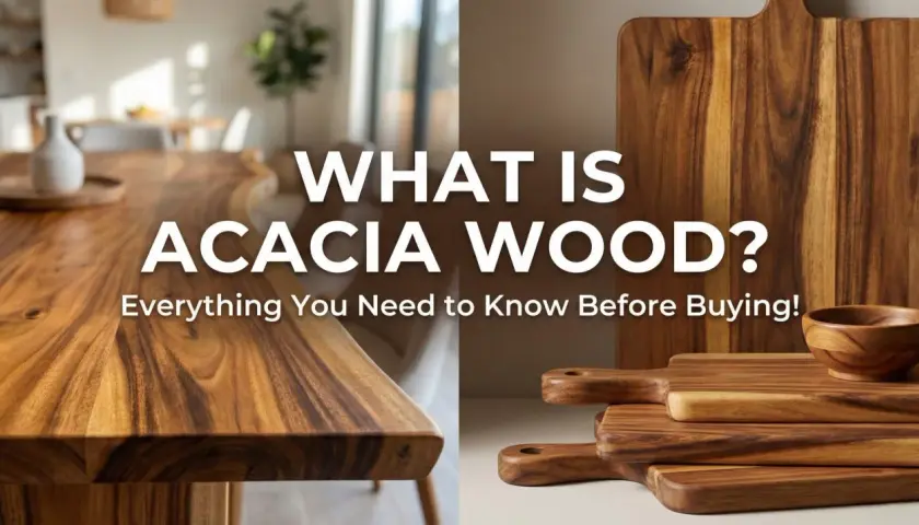 Beautiful acacia lumber forms a table and cutting boards, showcasing its rich grain. Learn all about acacia wood before you buy!
