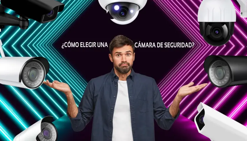 Hombre confundido rodeado de cámaras de videovigilancia IP. ¿Cómo elegir la cámara de seguridad perfecta?