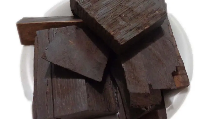Pezzi di legno scuro, forse ebano, il legno più costoso del mondo, su un piatto bianco.