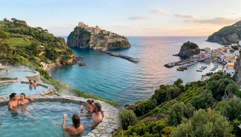 Coppie rilassate in piscine termali con vista sul mare e sul castello, un'immagine perfetta per il turismo a Ischia.