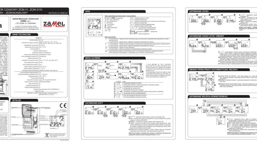 Instrukcja jak ustawić programator czasowy Zamel ZCM-31. Opisuje menu, ustawianie daty, czasu, trybu pracy i wejść zewnętrznych.