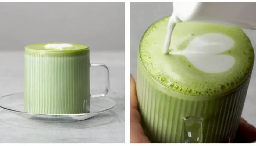 Zielony napój matcha w szklance z pianką w kształcie serca. Dowiedz się, jak zrobic matche i cieszyć się tym orzeźwiającym napojem.