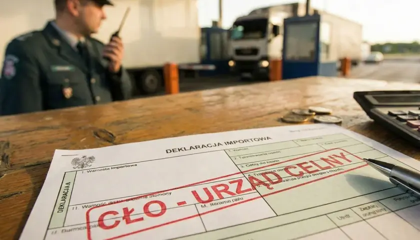 Na stole leży deklaracja celna z pieczątką "CŁO - URZĄD CELNY". W tle celnik z radiotelefonem i ciężarówka.