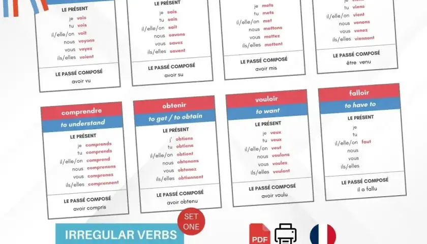 Fiszki z francuskimi czasownikami nieregularnymi: voir, savoir, mettre, venir, comprendre, obtenir, vouloir, falloir. Każda karta zawiera odmianę czasownika, np. "vendre odmiana".