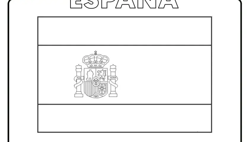 Bandera de España para colorear con el escudo en blanco y negro.