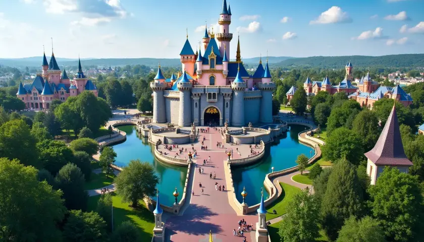 Bajkowy zamek w Disneylandzie, gdzie jest magiczne miejsce pełne ludzi spacerujących pośród zieleni i wody.