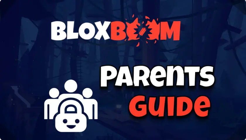 Grafika z logo "Bloxboom", ikoną rodziny z kłódką i napisem "PARENTS GUIDE".