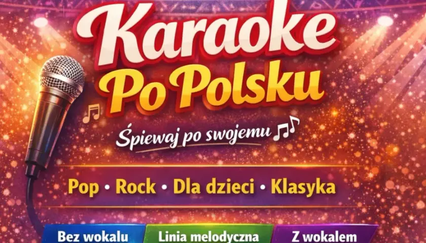 Mikrofon na scenie z reflektorami. Napis "Karaoke Po Polsku" zaprasza do śpiewania. Znajdziesz tu łatwe piosenki na karaoke polskie, od popu po klasykę.