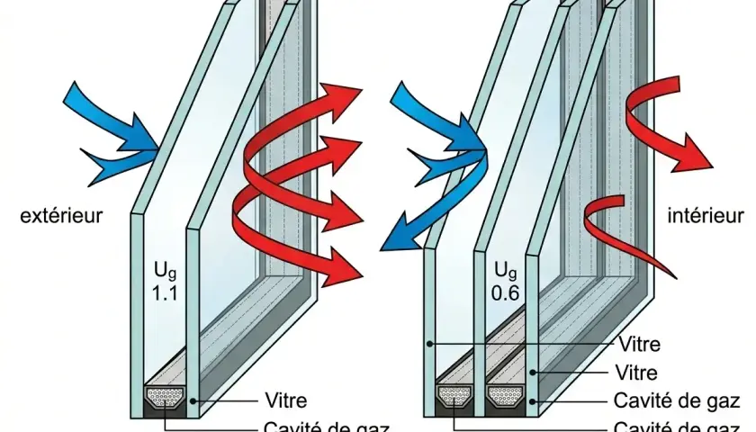Comparaison double/triple vitrage : le triple vitrage, malgré son avantage thermique (Ug 0.6 vs 1.1), peut présenter un inconvénient de poids et de coût.
