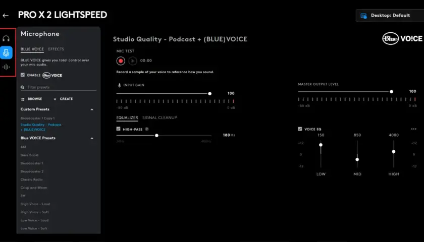 Logitech G HUB: Mikrofon-Einstellungen mit Blue VO!CE für Studioqualität. EQ, Gain und Effekte anpassen.