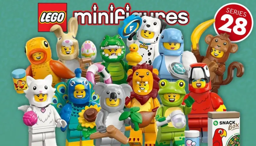 Lego Minifiguren Serie 28: Eine bunte Truppe von Tierfiguren, darunter ein Hund, ein Affe, ein Löwe und ein Frosch, bereit für Abenteuer.