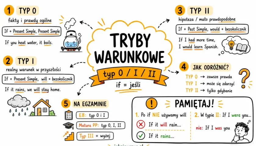 Podsumowanie 2 i 3 tryb warunkowy: typ 0 (fakty), typ I (realny warunek), typ II (hipoteza). Pamiętaj o strukturze zdań i różnicach między typami.