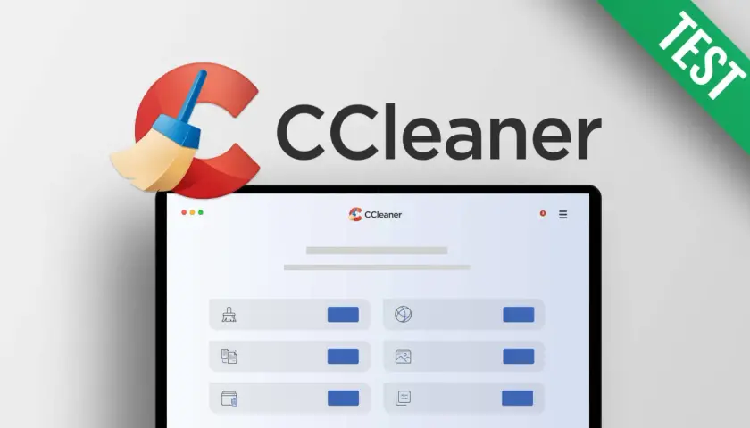 CCleaner 6: Logo mit Besen und Tablet-Ansicht, das die Benutzeroberfläche der Software zeigt. Ein grünes Banner mit "TEST" ist sichtbar.