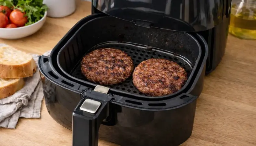 Due hamburger succulenti cuociono nella friggitrice ad aria, pronti per essere serviti con pane tostato e insalata.
