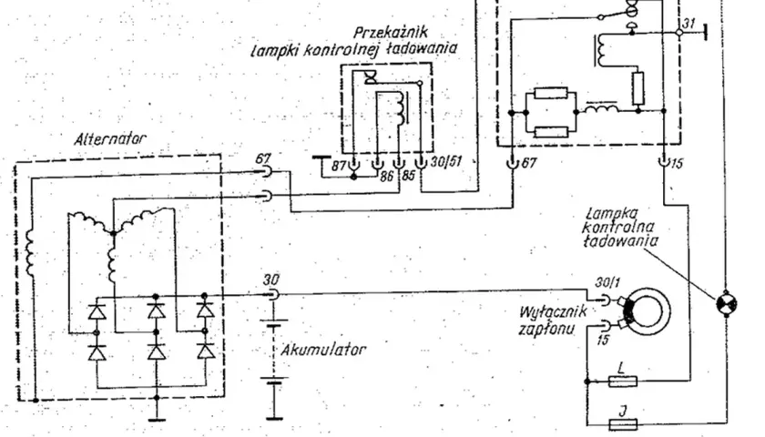 Schemat elektryczny alternatora, przekaźnika, regulatora napięcia i lampki kontrolnej ładowania.