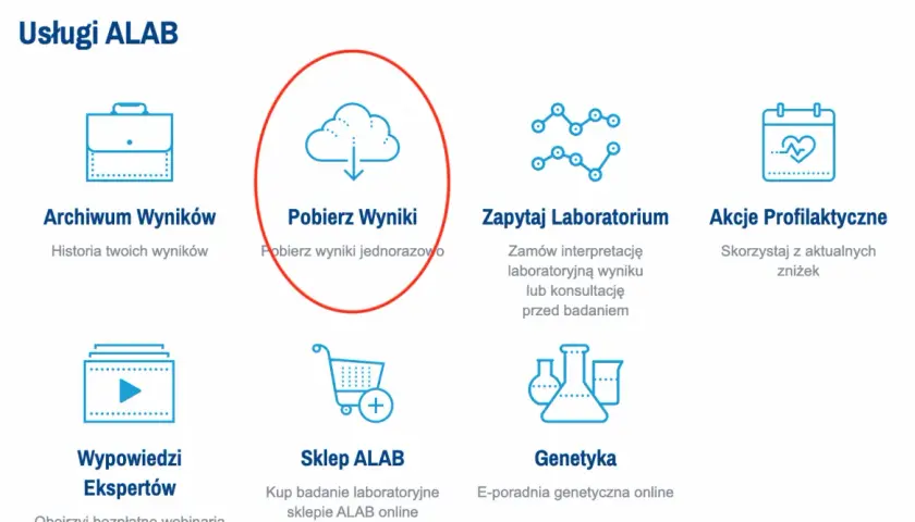 Ikona chmury z ikoną pobierania, otoczona czerwoną obwódką, z tekstem "Pobierz Wyniki".