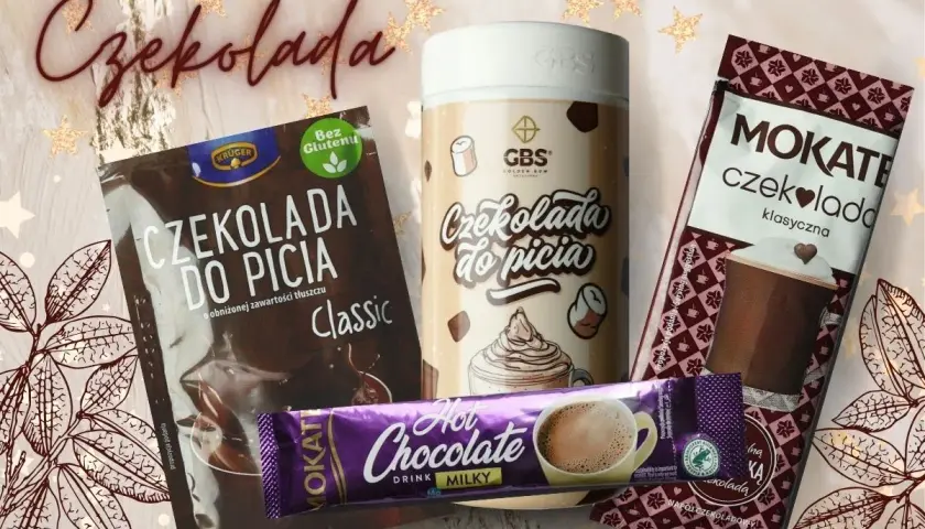 Zestaw produktów: czekolada do picia w saszetkach, słoik i opakowanie. Idealne na zimowe wieczory.