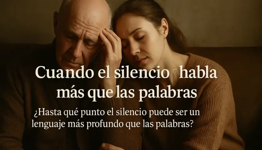 Un hombre y una mujer en silencio, con expresiones de profunda reflexión. El texto dice: "Cuando el silencio habla más que las palabras". Son indirectas frases de silencio que dicen mucho.
