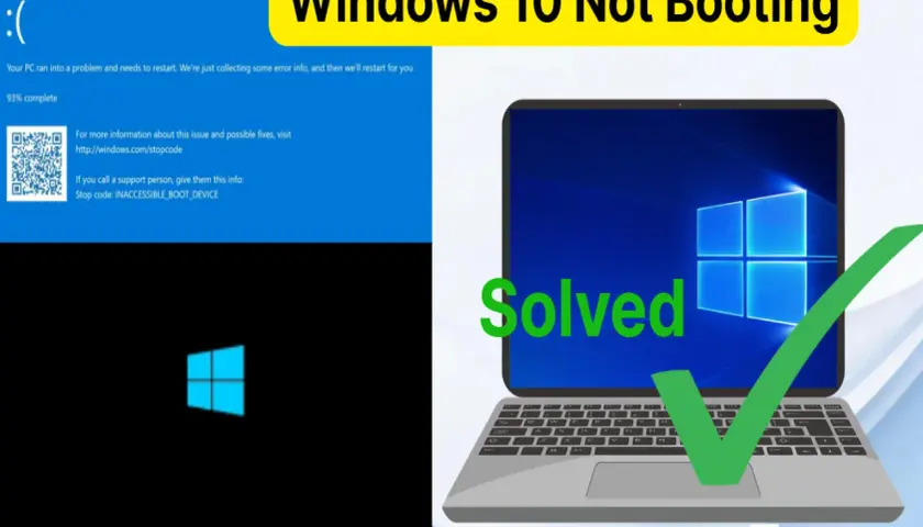 Niebieski ekran błędu Windows 10 z komunikatem "INACCESSIBLE_BOOT_DEVICE" obok laptopa z napisem "Solved" i zielonym zaznaczeniem.