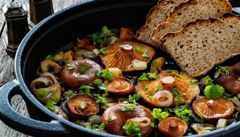 Niscalos salteados con cebolla y pan rústico, una de las mejores niscalos recetas.