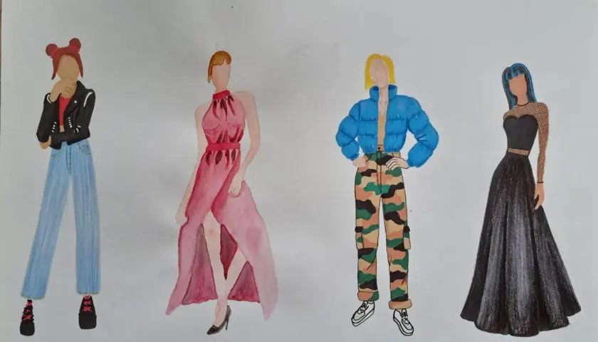 Croquis de mode : quatre silhouettes féminines présentent des tenues variées, allant du jean décontracté à la robe de soirée élégante.