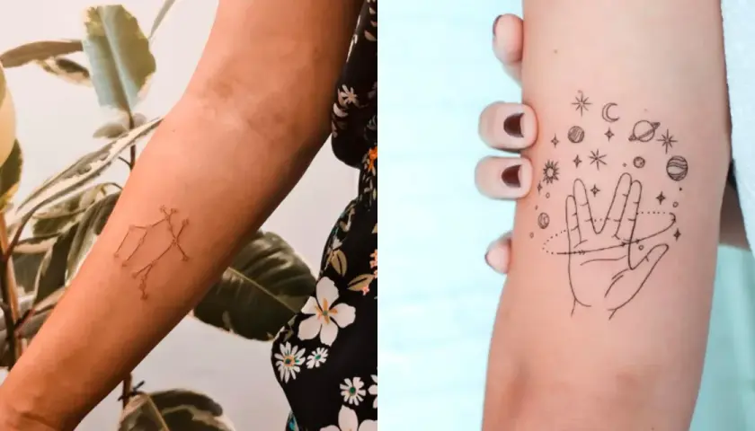 Delikatny tatuaż znak zodiaku Bliźniąt na przedramieniu. Obok tatuaż dłoni otoczonej gwiazdami i planetami.