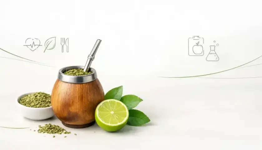 Drewniane naczynie z yerba mate, limonka i liście. Ikony symbolizują zdrowie i naukę, podkreślając zalety picia yerba mate.