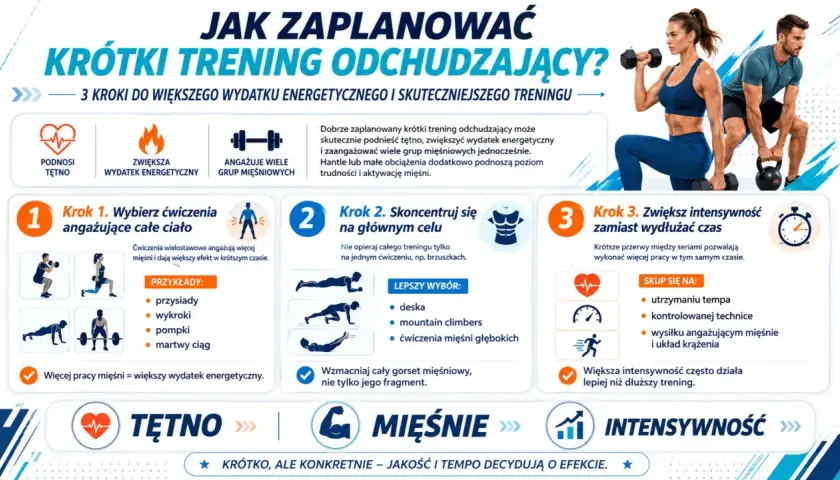 Krótki trening odchudzający: 3 kroki do większego wydatku energetycznego i skuteczniejszego treningu. Wybieraj ćwiczenia angażujące całe ciało, skupiaj się na głównym celu i zwiększaj intensywność.