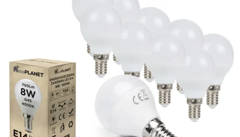 Żarówka G45 to mała, kulista żarówka LED o gwincie E14, idealna do lamp dekoracyjnych. Ten zestaw zawiera 10 sztuk.