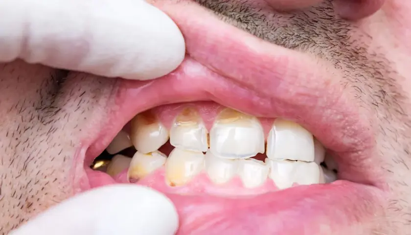 Dientes con manchas y aspecto desgastado, sugiriendo hipoplasia dental.