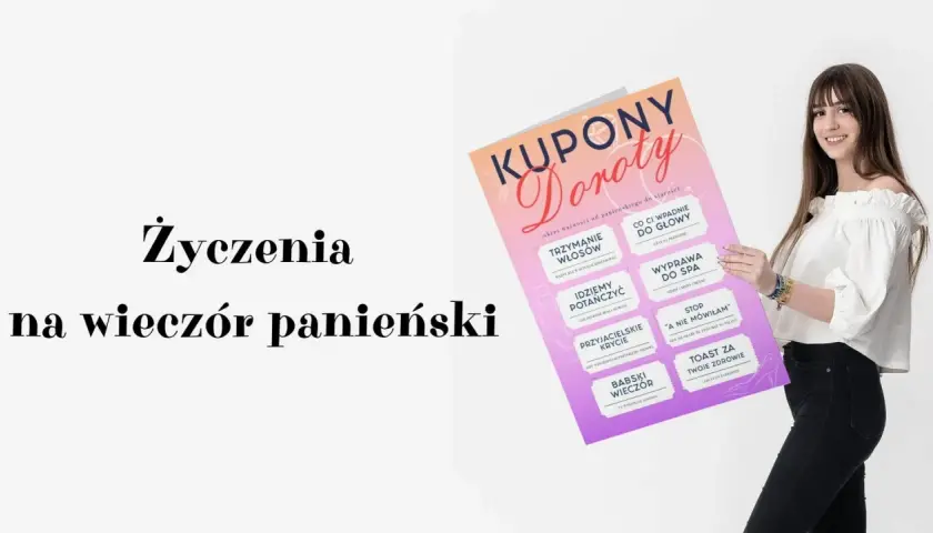 Uśmiechnięta kobieta trzyma plakat z kuponami na wieczór panieński. Napis "Życzenia na wieczór panieński" towarzyszy tej radosnej chwili.