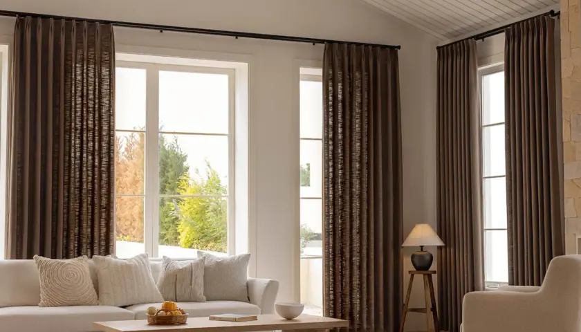 These rich brown curtains frame large windows, showing that curtains are far from out of style, adding warmth and texture to a modern living room.