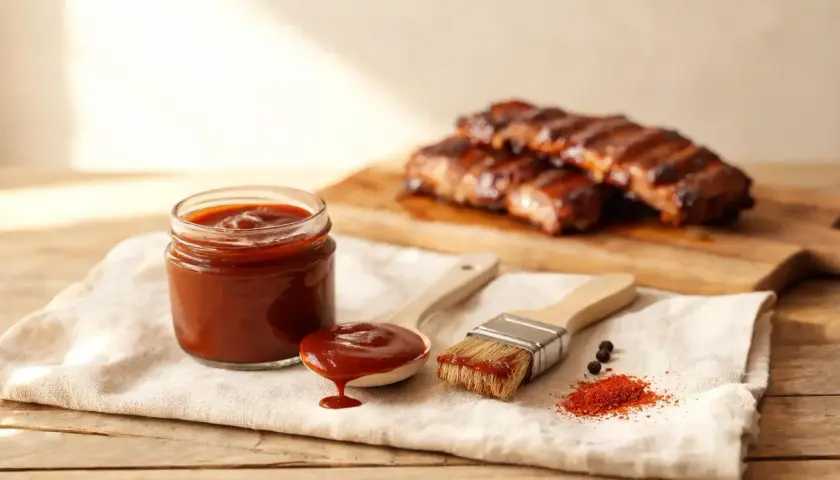 Sauce barbecue maison, prête à être appliquée sur des côtes grillées. Une cuillère déborde de sauce, un pinceau attend.