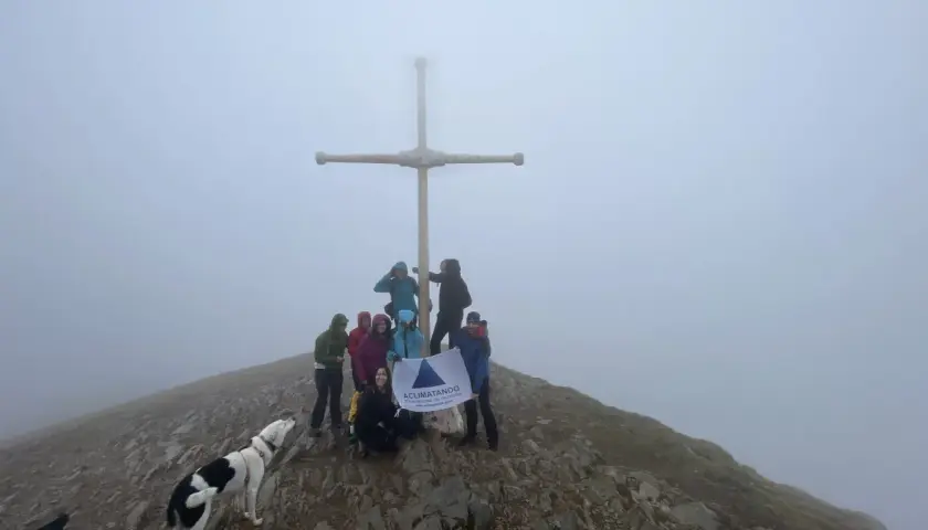 Grupo de montañistas celebra en la cima con un perro, bajo un gran taga y neblina.