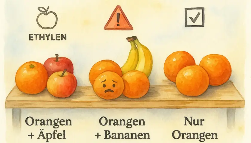 So lagern Sie Apfelsinen richtig: Äpfel und Ethylen neben Orangen vermeiden. Bananen machen Orangen traurig. Nur Orangen sind glücklich.