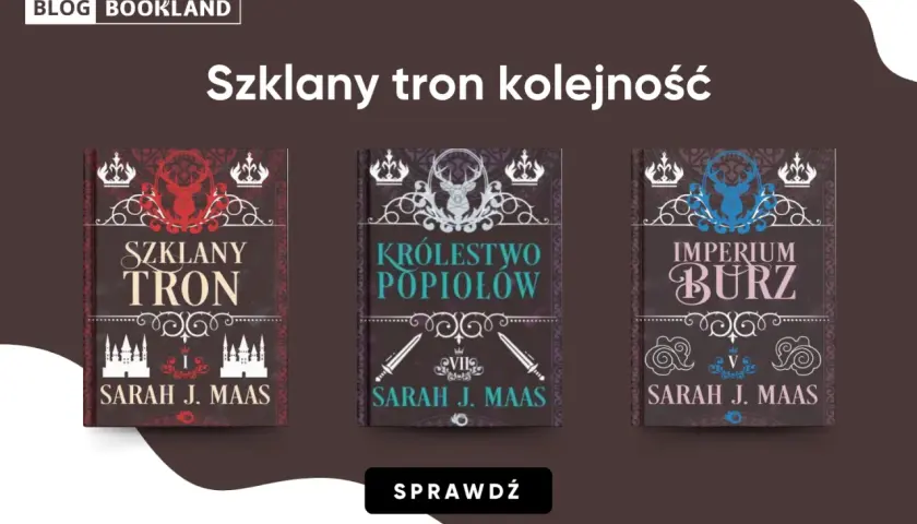 Okładki książek "Szklany tron", "Królestwo popiołów" i "Imperium burz" autorstwa Sarah J. Maas.