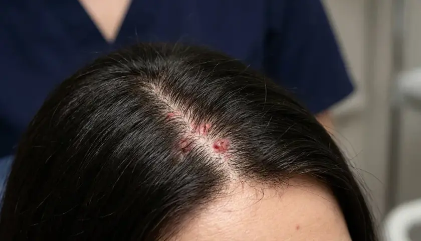 Lesiones rojas y con costra en el cuero cabelludo, indicativas de foliculitis.