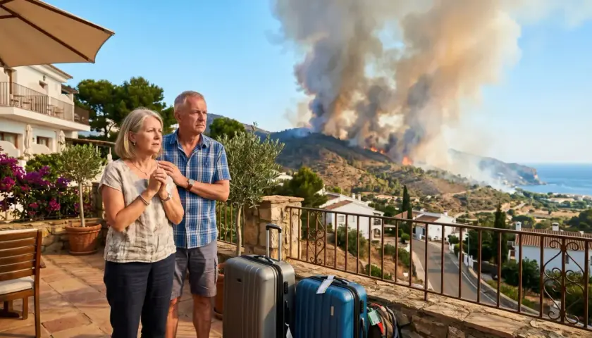 Besorgtes Paar mit Koffern blickt auf Waldbrand. Sie fragen sich, wie lange vor Reiseantritt sie kostenlos stornieren können.