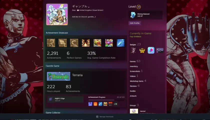 Profil gracza Steam z osiągnięciami, ulubioną grą Terraria i odznaką "Shining Diamond". To pokazuje, co to są karty Steam, które można zdobywać i wymieniać.