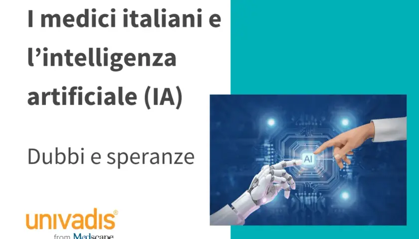 Medici italiani e intelligenza artificiale in medicina: un'immagine che simboleggia la collaborazione tra mano umana e robotica, con il logo Univadis.