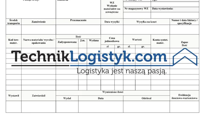 Formularz WZ (wydanie zewnętrzne) z danymi firmy TechnikLogistyk.com. Zawiera pola na dane odbiorcy, materiału, ilości, ceny i kosztów wysyłki.