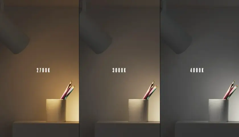 ¿Qué luz es mejor para estudiar? Tres tonos de luz (2700K, 3000K, 4000K) iluminan lápices en un portalápices, mostrando el efecto de cada uno.