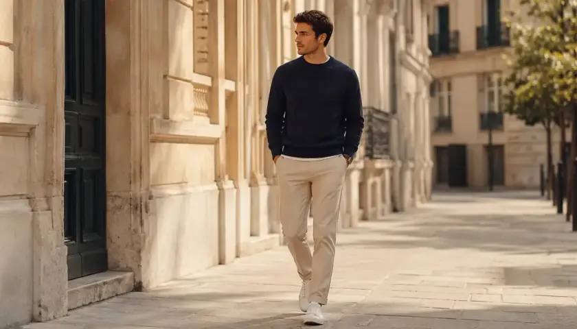 Hombre con jersey azul marino y **pantalón crema** camina por una calle adoquinada con edificios de piedra.